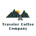 Logo of Traveler Coffee Company with mountains, trees, and a road.