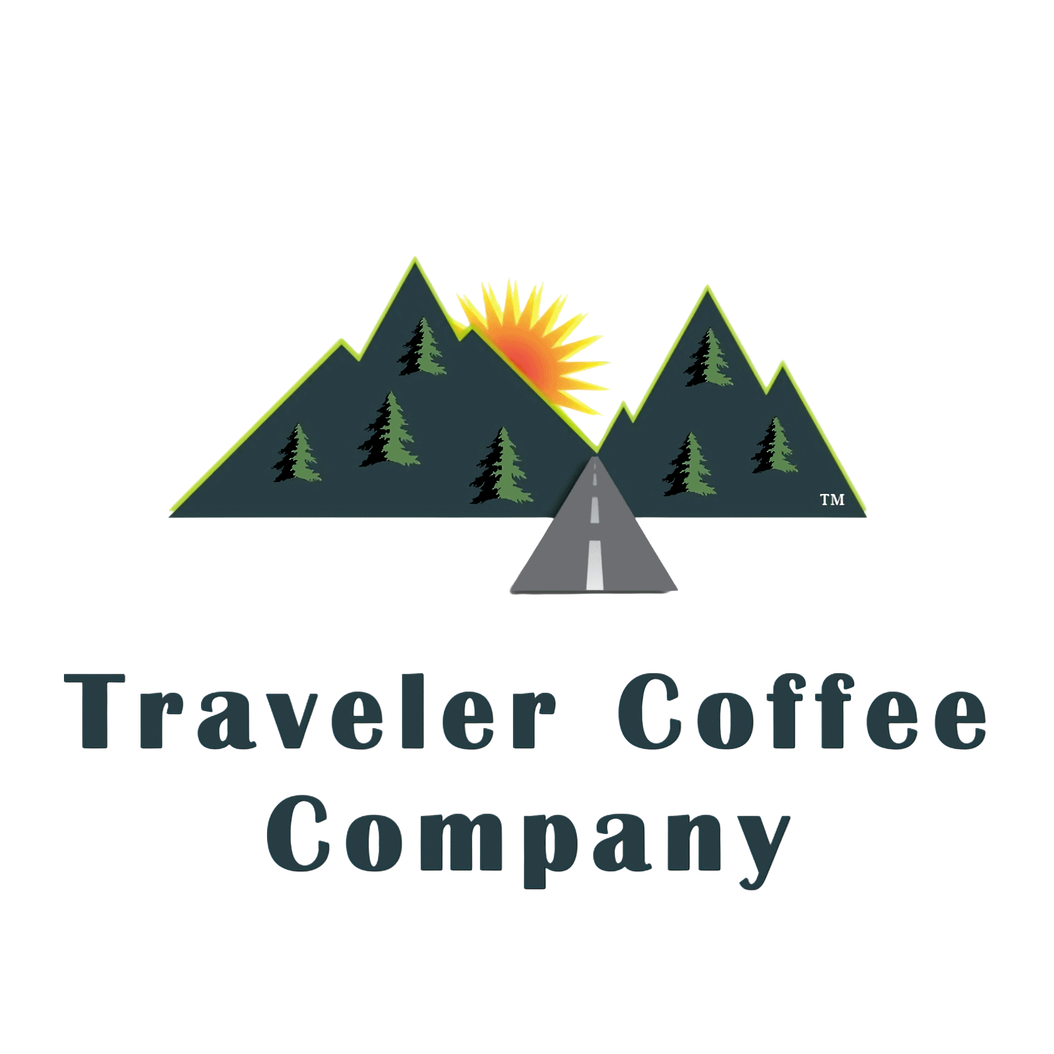 Logo of Traveler Coffee Company with mountains, trees, and a road.