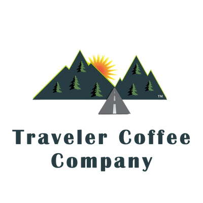 Logo of Traveler Coffee Company with mountains, trees, and a road.